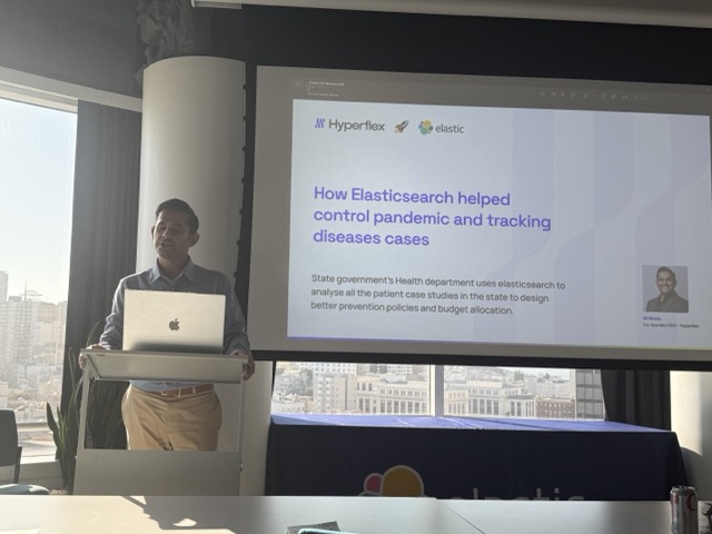 A presentation slide about how Elasticsearch helped control pandemic and disease case tracking.